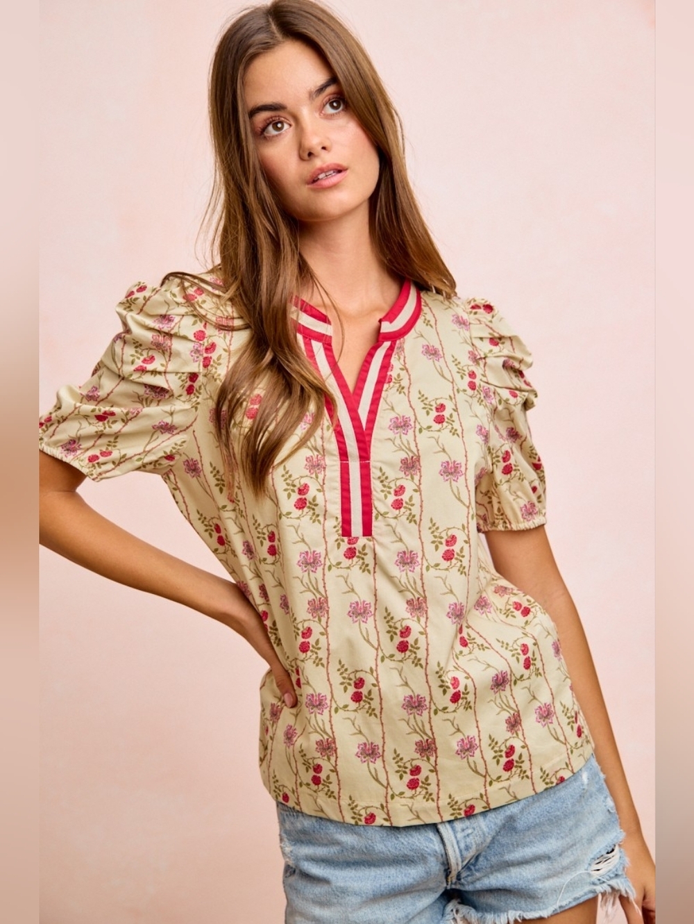 BiBi Floral Gather Sleeves Contrast Neckband Blouse Top- Cream And Pink - Picture 7 of 9